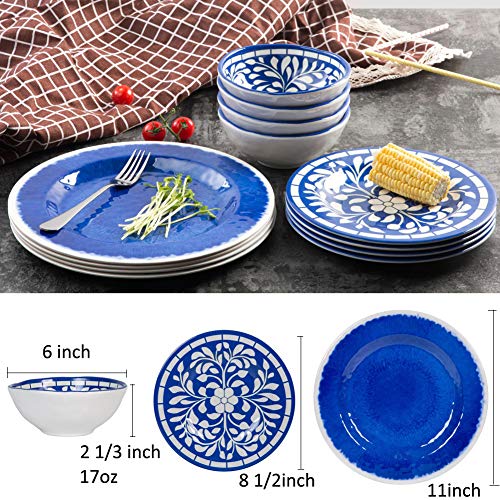 Melamine Dinnerware Set - 12 Pcs Dinner Dishes Set for Outdoor Use, Dishwasher Safe, Unbreakable, Blue