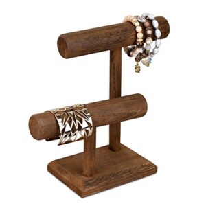 ikee design 2 tier wooden jewelry bracelet watch display tower, bangle scrunchie necklace holder storage stand, 7.9" w x 4.3" d x 9.4" h, brown color