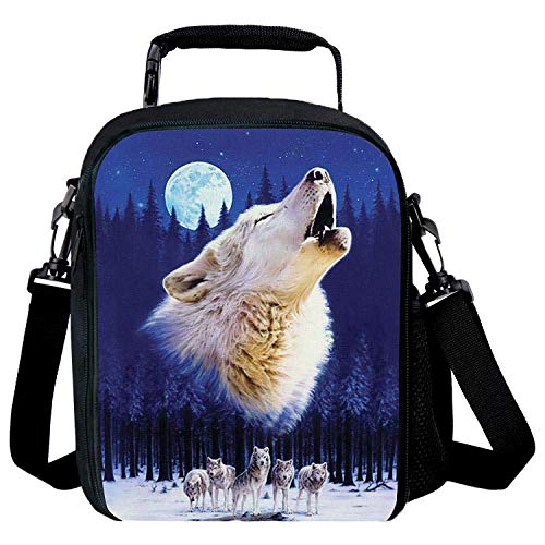 Insulating Thermal Wolf Animal Print Lunch Bags for Kids Boys Girls Washable Tote Crossbody Lunch Container Food Carrier for School Travel