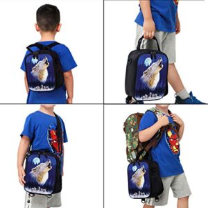 Insulating Thermal Wolf Animal Print Lunch Bags for Kids Boys Girls Washable Tote Crossbody Lunch Container Food Carrier for School Travel