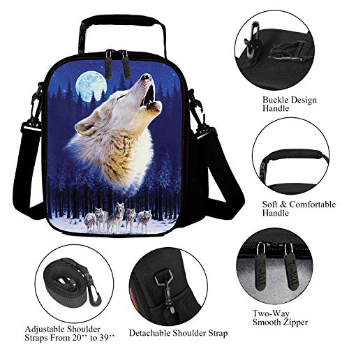 Insulating Thermal Wolf Animal Print Lunch Bags for Kids Boys Girls Washable Tote Crossbody Lunch Container Food Carrier for School Travel