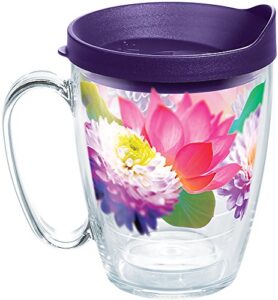 tervis plastic floral filter tumbler with wrap and royal purple lid 16oz mug, clear