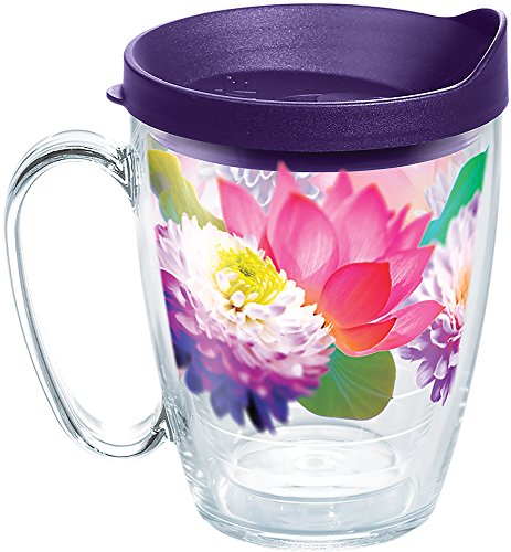 Tervis Plastic Floral Filter Tumbler with Wrap and Royal Purple Lid 16oz Mug, Clear