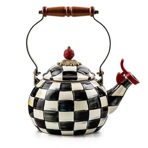 mackenzie-childs courtly check enamel whistling tea kettle, decorative teapot