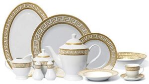 euro porcelain 57-pc banquet dinnerware set gold greek key - luxury tableware dining service for 8