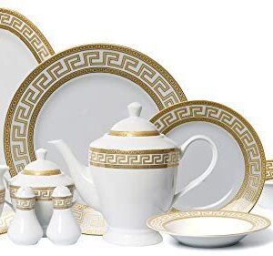 Euro Porcelain 57-pc Banquet Dinnerware Set Gold Greek Key - Luxury Tableware Dining Service for 8