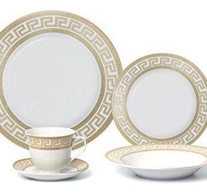 Euro Porcelain 57-pc Banquet Dinnerware Set Gold Greek Key - Luxury Tableware Dining Service for 8