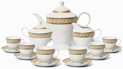 Euro Porcelain 57-pc Banquet Dinnerware Set Gold Greek Key - Luxury Tableware Dining Service for 8