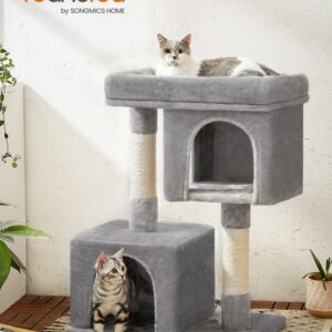 Feandrea Cat Tree, 33.1-Inch Cat Tower, L, Cat Condo for Large Cats up to 16 lb, Large Cat Perch, 2 Cat Caves, Scratching Post, Light Gray UPCT61W