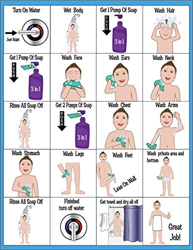 HOM ABA/OT Approved Step-by-Step 100% Sealed and Laminated 9X12" Shower Chart. Ideal for Children with Autism or Special Needs. Helps with Teaching Self Care. PECS Charts, Visual Schedules, Aids