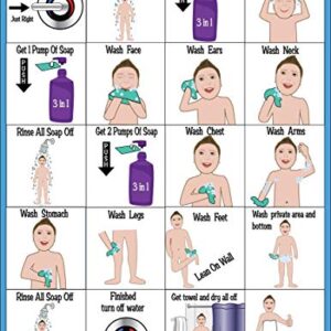 HOM ABA/OT Approved Step-by-Step 100% Sealed and Laminated 9X12" Shower Chart. Ideal for Children with Autism or Special Needs. Helps with Teaching Self Care. PECS Charts, Visual Schedules, Aids