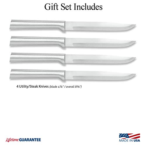 Rada Cutlery 4-Piece Utility Knife Set Stainless Steel Steak Knives with Brushed Aluminum Made in USA, 8-5/8 Inches, Silver Handle