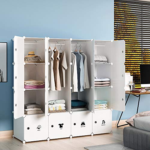 KOUSI Portable Wardrobe Closet for Bedroom Clothes Armoire Dresser MultiFuncation Cube Storage Organizer, White, 10 Cubes 2 Hanging Sections