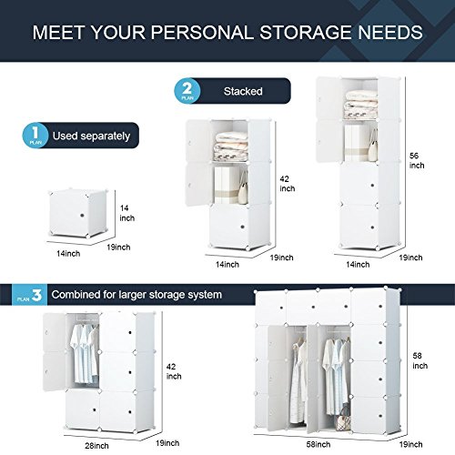 KOUSI Portable Wardrobe Closet for Bedroom Clothes Armoire Dresser MultiFuncation Cube Storage Organizer, White, 10 Cubes 2 Hanging Sections