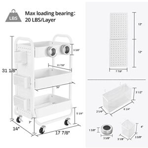 DESIGNA 3-Tier Rolling Cart, Utility Cart with Handle, Extra 3 Storage Accessories, Removable Pegboard, Easy Assembly Craft Carts for Kitchen, Bathroom, Office, Metal, White