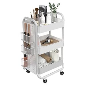designa 3-tier rolling cart, utility cart with handle, extra 3 storage accessories, removable pegboard, easy assembly craft carts for kitchen, bathroom, office, metal, white