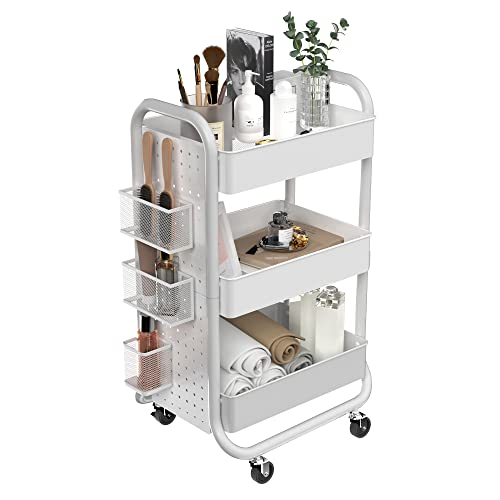 DESIGNA 3-Tier Rolling Cart, Utility Cart with Handle, Extra 3 Storage Accessories, Removable Pegboard, Easy Assembly Craft Carts for Kitchen, Bathroom, Office, Metal, White