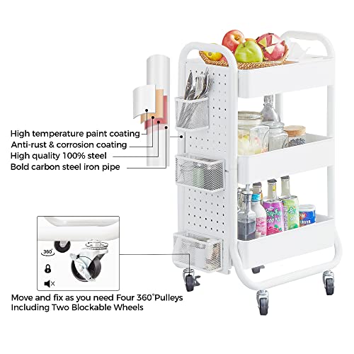 DESIGNA 3-Tier Rolling Cart, Utility Cart with Handle, Extra 3 Storage Accessories, Removable Pegboard, Easy Assembly Craft Carts for Kitchen, Bathroom, Office, Metal, White