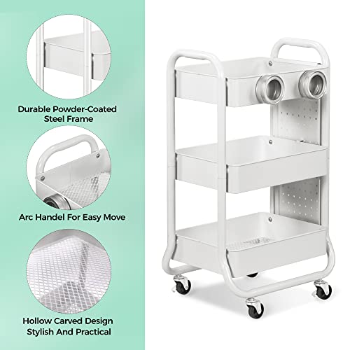 DESIGNA 3-Tier Rolling Cart, Utility Cart with Handle, Extra 3 Storage Accessories, Removable Pegboard, Easy Assembly Craft Carts for Kitchen, Bathroom, Office, Metal, White