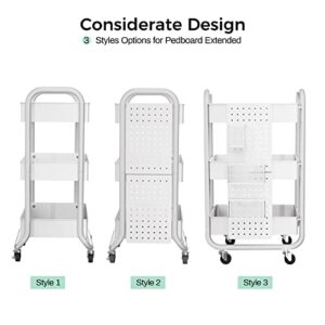 DESIGNA 3-Tier Rolling Cart, Utility Cart with Handle, Extra 3 Storage Accessories, Removable Pegboard, Easy Assembly Craft Carts for Kitchen, Bathroom, Office, Metal, White