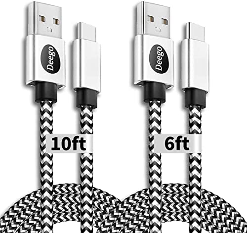 DEEGO USB Type C Cable, 2Pack Extra Long USB A to USB C Fast Charger Cable 10Ft 6Ft, Nylon Braided USB C Cord for Samsung Galaxy S10 S9 A10e A20 A21 S8 A51 A01, Note 10 9,LG V60 V50 V40,Google Pixel