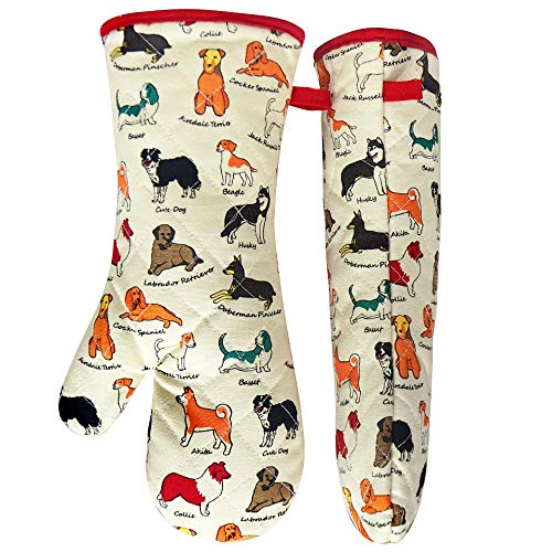 Oven Mitts Cotton Fashion Cute Dog Design 1pair Heat Resistant Oven Gloves Safe Cooking Baking Grilling Barbecue Machine Washable Pot Holders (Oven Mitts Dog Flower)