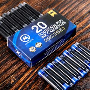Black & Blue Ink Cartridges for Fountain Pens. Big Pack of 20 Short International Standard Size Cartridges. Perfect for Calligraphy Pen. Universal Fine Design with Incredible Long Lasting Color