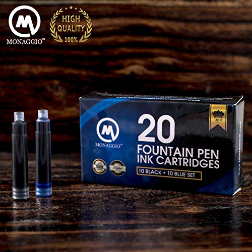 Black & Blue Ink Cartridges for Fountain Pens. Big Pack of 20 Short International Standard Size Cartridges. Perfect for Calligraphy Pen. Universal Fine Design with Incredible Long Lasting Color