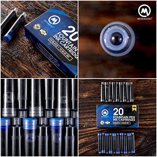 Black & Blue Ink Cartridges for Fountain Pens. Big Pack of 20 Short International Standard Size Cartridges. Perfect for Calligraphy Pen. Universal Fine Design with Incredible Long Lasting Color