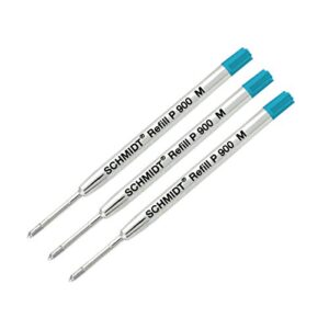 Schmidt P900 Parker Style Ballpoint Pen Refill, Medium Point, Pack of 3, Bulk Packed (Turquoise)