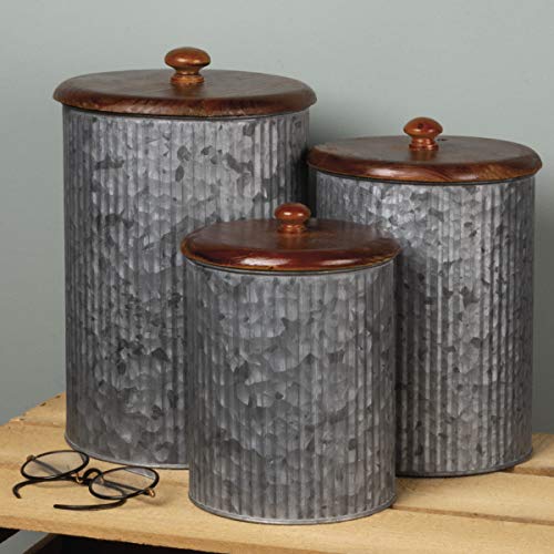 Primitives by Kathy Rustic Style Canisters, Set of 3, Galvanized Metal and Wood