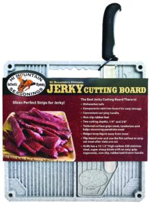 hi mountain jerky cutting board & slicing knife. safely carve uniform 1/4" and 3/8" thick meat cuts to make mouthwatering homemade jerky
