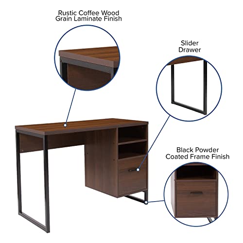 Flash Furniture Northbrook Rustic Coffee Wood Grain Finish Computer Desk with Black Metal Frame