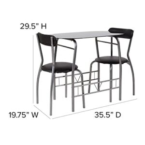 Flash Furniture Sutton 3 Piece Space-Saver Bistro Set with Black Glass Top Table and Black Vinyl Padded Chairs