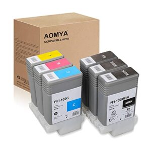 aomya compatible canon pfi-102 pfi 102 ink cartridge for imageprograf ipf500 510 600 605 610 650 655 700 710 720 750 755 760 765 130ml ink cartridge(2mbk, bk, c, m, y) 6 pack