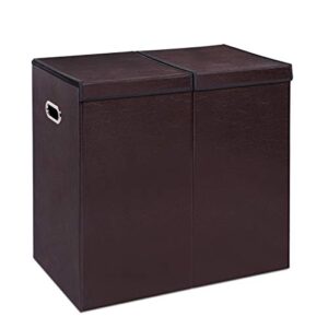 Internet's Best Double Faux Leather Laundry Hamper with Lid - Double Load - Foldable Hamper Basket - Removable Lid - Brown