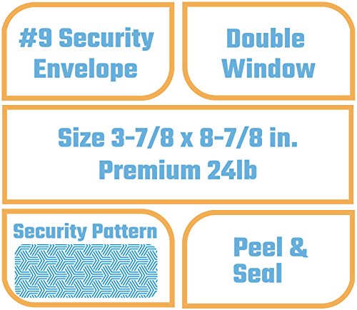 Office Deed 500 #9 Double Window SELF SEAL Security Envelopes-Designed for Quickbooks Invoices and Business Statements with peel and seal flap -3 7/8'' X 8 7/8''