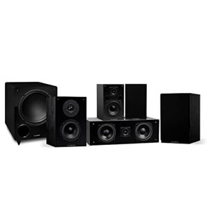 fluance elite high definition compact surround sound home theater 5.1 channel speaker system including 2-way bookshelf, center channel, rear surrounds and db10 subwoofer - black ash (sx51bc)
