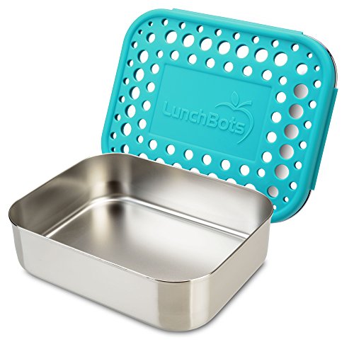 LunchBots Medium Uno Stainless Steel Sandwich Container - Open Design for Wraps - Salads or a Small Meal - Eco-Friendly - Dishwasher Safe and BPA-Free - Aqua Dots