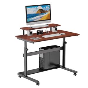 eureka ergonomic mobile height adjustable standing desk,41 inch rolling stand up computer workstation with monitor shelf, portable home office desk with wheels,cpu stand & detachable hutch, teak