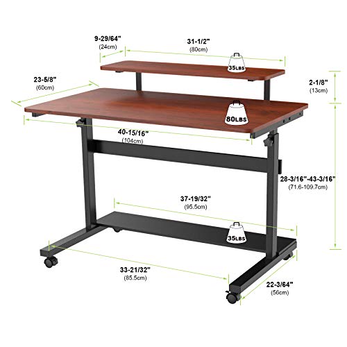 EUREKA ERGONOMIC Mobile Height Adjustable Standing Desk,41 Inch Rolling Stand Up Computer Workstation with Monitor Shelf, Portable Home Office Desk with Wheels,CPU Stand & Detachable Hutch, Teak