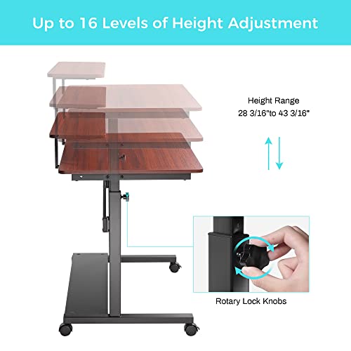 EUREKA ERGONOMIC Mobile Height Adjustable Standing Desk,41 Inch Rolling Stand Up Computer Workstation with Monitor Shelf, Portable Home Office Desk with Wheels,CPU Stand & Detachable Hutch, Teak