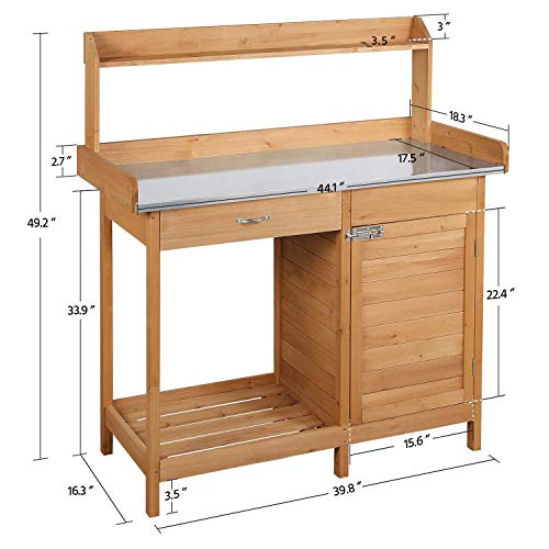 Yaheetech Outdoor Potting Bench Table, Garden Workstation w/Metal Tabletop/Cabinet Drawer/Open Top/Lower Shelf/Handy Hooks for Horticulture, Natural Wood