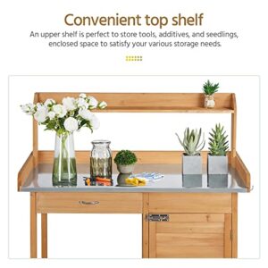 Yaheetech Outdoor Potting Bench Table, Garden Workstation w/Metal Tabletop/Cabinet Drawer/Open Top/Lower Shelf/Handy Hooks for Horticulture, Natural Wood