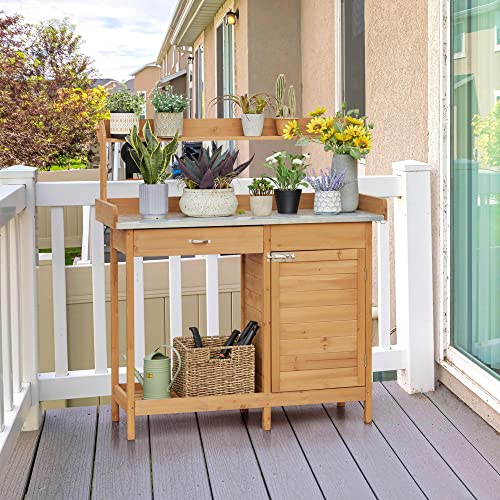 Yaheetech Outdoor Potting Bench Table, Garden Workstation w/Metal Tabletop/Cabinet Drawer/Open Top/Lower Shelf/Handy Hooks for Horticulture, Natural Wood