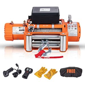 ac-dk 12000 lb. waterproof ip67 electric winch kit, 12v winch steel cable electric winch truck winch with wireless handheld remotes and wired handle (include 12500lbs - steel cable)