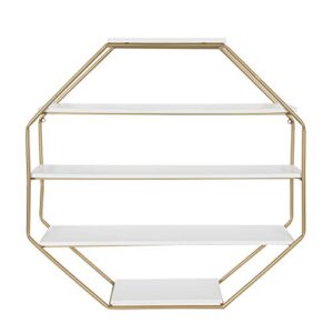 kate and laurel lintz large modern octagon floating wall shelves with metal frame, gold and white