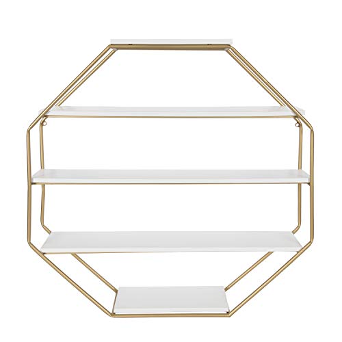 Kate and Laurel Lintz Large Modern Octagon Floating Wall Shelves with Metal Frame, Gold and White