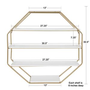 Kate and Laurel Lintz Large Modern Octagon Floating Wall Shelves with Metal Frame, Gold and White