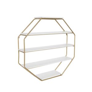 Kate and Laurel Lintz Large Modern Octagon Floating Wall Shelves with Metal Frame, Gold and White